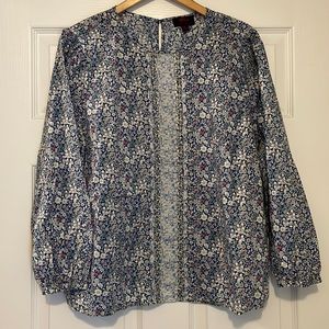 J. Crew Long sleeved scalloped blouse in mixed liberty prints. Size XL.